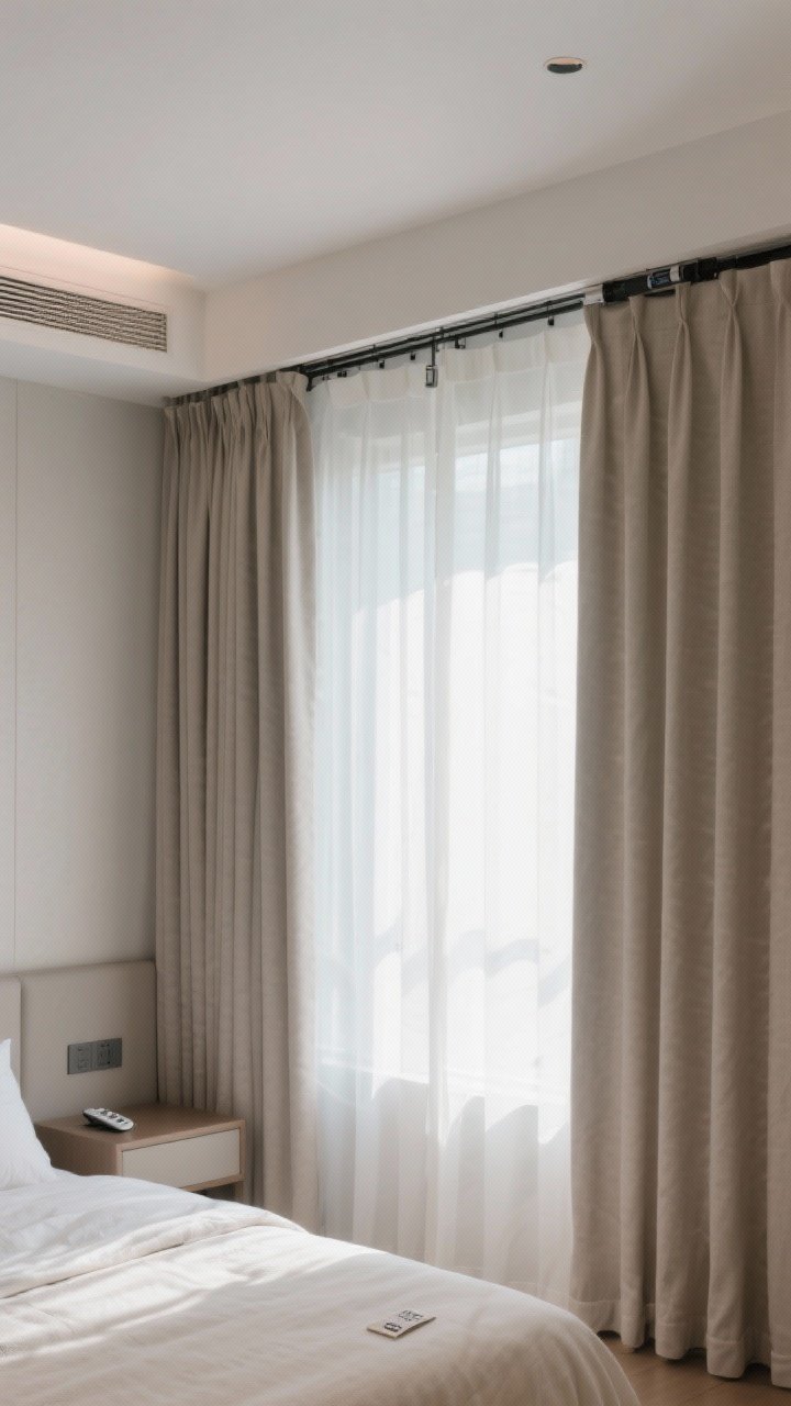 Medium, straight-on bedroom scene prioritizing practicality: double-layer setup with sheer white curtains plus blackout-lined neutral panels for hotel-level calm; thermal lining indicated by a subtle, thick edge profile; ceiling-mount track to keep sightlines clean and make the ceiling feel higher; soft, dim morning light peeking around closed panels; minimal remote for motorized tracks on a nightstand; machine-washable cotton-linen blend noted by a small care tag; no puddling lengths, dust-free look, cozy and energy-efficient mood