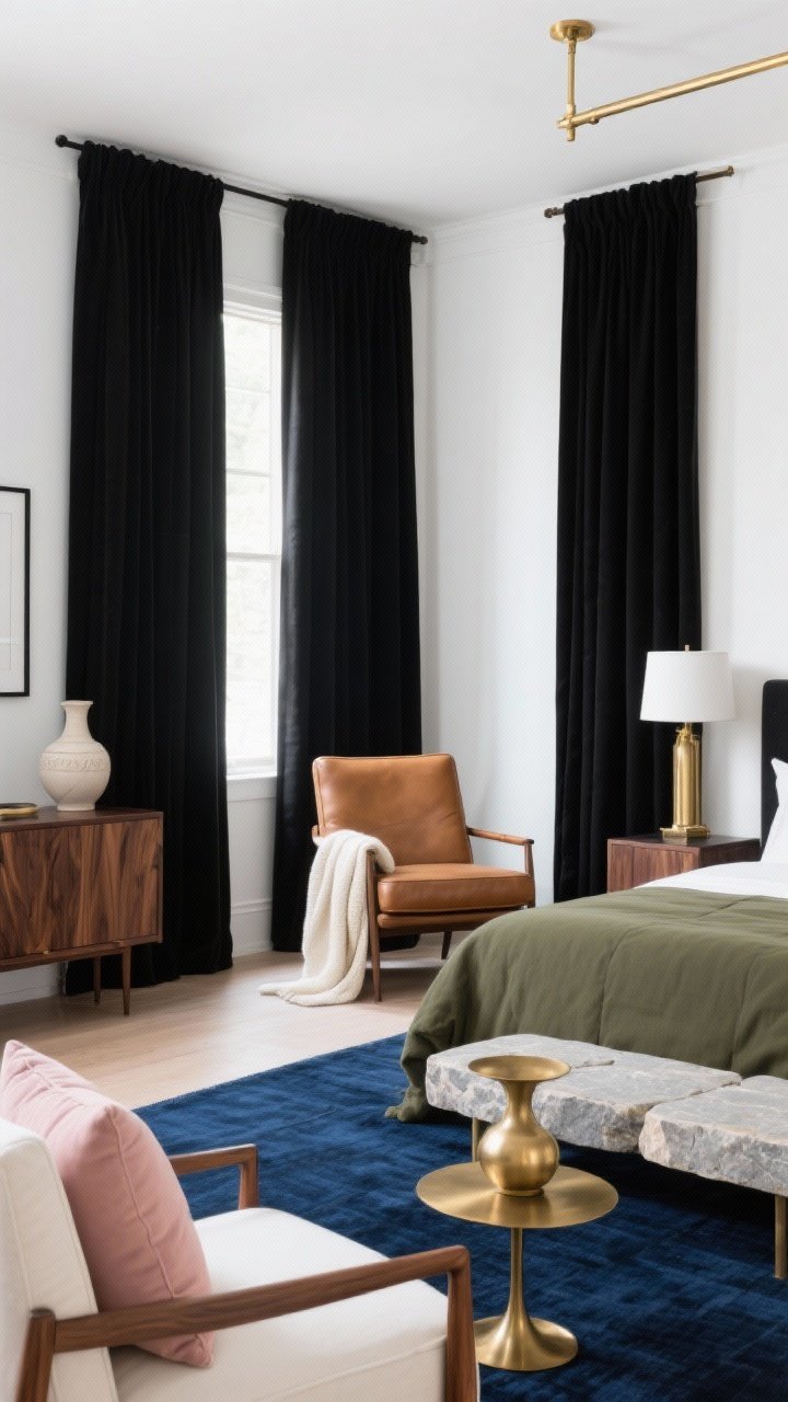 Medium straight-on composition featuring curated color pairings anchored by black curtains: - Black + White + Wood vignette with white walls, black curtains, walnut sideboard; - Black + Camel + Cream vignette with camel leather chair and cream throw; - Black + Sage + Stone vignette with sage bedding and stoneware lamp; - Black + Deep Blue + Brass vignette with deep blue rug and brass table lamp; - Black + Blush + Ivory vignette with blush cushions and ivory accents; consistent metal choice (all brass or all blackened steel) repeated in rods, frames, and lamps; balanced natural and ambient light.