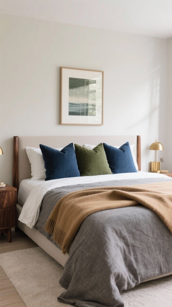 Medium, straight-on composition focusing on a cohesive color story: a bed dressed in layered neutrals with depth—stone, camel, graphite, and ivory—balanced by walnut wood accents and a few brass touches. Add two repeating accent shades (e.g., deep blue and forest green) echoed three times across pillows, a throw, and framed art. Soft, airy natural light, harmonious and calm, photorealistic.