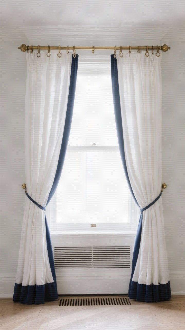 Medium straight-on shot of a refined window: White curtains upgraded with custom-looking details—weighted hems keeping the panels perfectly straight near a floor vent, a 2–3 inch navy banding down the leading edge for tailored contrast, double pinch-pleat headers adding structure at the top, hung on a brass French return rod that curves back to the wall for seamless light control; rings with drapery hooks create elegant vertical folds; soft, even daylight highlighting craftsmanship.