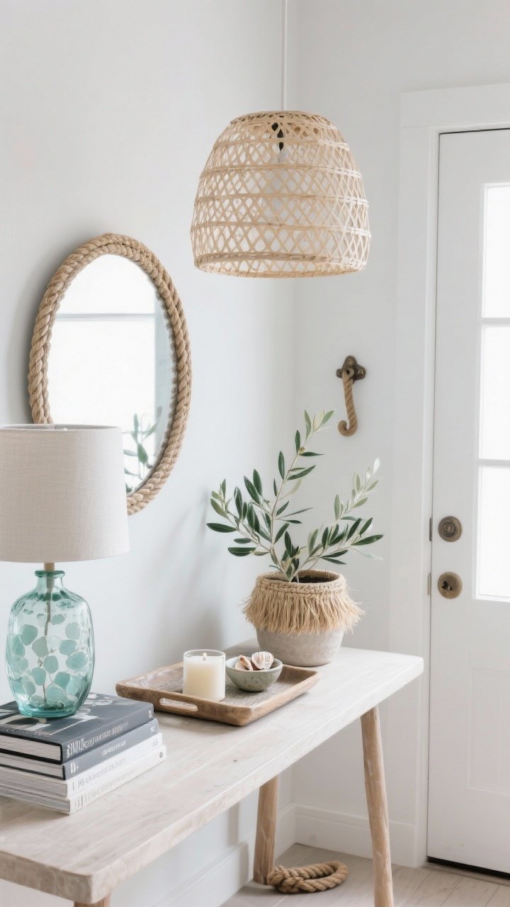 Medium tabletop and corner styling scene with purposeful coastal accessories: woven pendant light overhead casting soft patterns, glass lamp with sea-glass tint on a console, a tray with a salt-air candle, stack of design books, and a small ceramic bowl of shells; nearby, a round rope-trimmed mirror reflecting light; greenery via an olive branch in a seagrass planter; by the entry, a subtle boat-cleat wall hook and a rope doorstop on the floor; clean negative space, calm coastal mood, photorealistic.