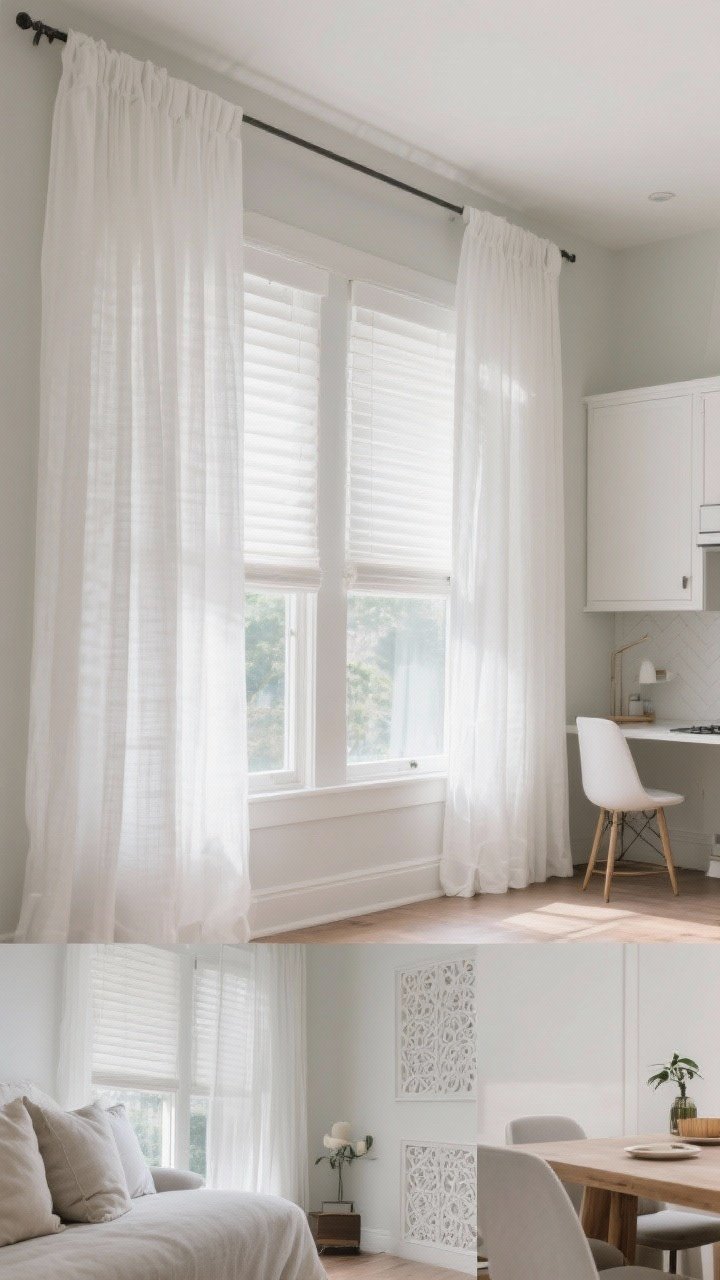 Multi-scene medium shot collage-style composition (single image with depth): - Living room window: soft-white linen-blend curtains, hung high and wide, floor length, double panels for fullness. - Bedroom nook: layered sheer plus white blackout panels creating a darkened, sleep-friendly zone. - Dining area: white cotton twill curtains, clean and tailored, just grazing the floor (no puddling). - Kitchen window: café-style white sheers/short Roman shades providing privacy with daylight. - Home office corner: light-filtering white shades with decorative white side panels for a chic Zoom backdrop. Consistent photorealism, no people, natural daylight varying subtly by area.