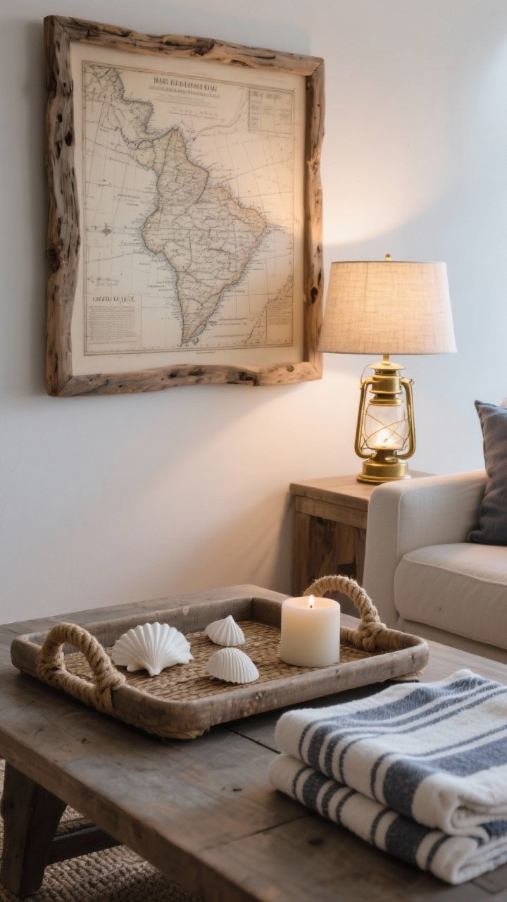 Overhead detail: A rope-handled tray on a coffee table styled with a few white shells, a simple candle, and a folded striped Turkish towel; nearby, a framed vintage nautical map in driftwood finish hangs in view, and a lantern-style brass lamp with a linen shade glows softly in the background; restrained, high-quality nautical touches, natural evening light, photorealistic.