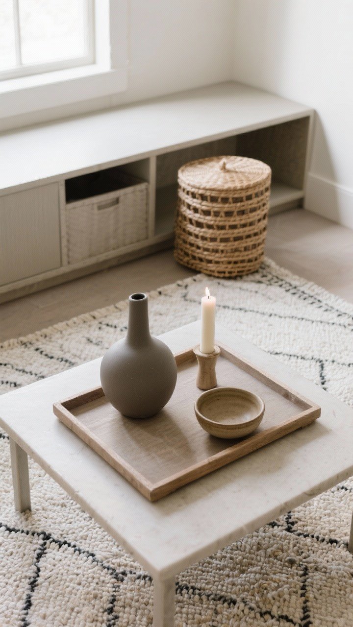 Overhead detail: A styled coffee tray on a flatweave rug, showing edited, intentional decor—grouped in odd numbers: a single matte ceramic vase, one candle, and a small bowl, with varied heights. Nearby, a lidded woven basket partially tucked under a console for hidden storage. Surfaces are clear, only useful and color-cohesive items remain. Soft natural light from a window edge, clean and minimal.