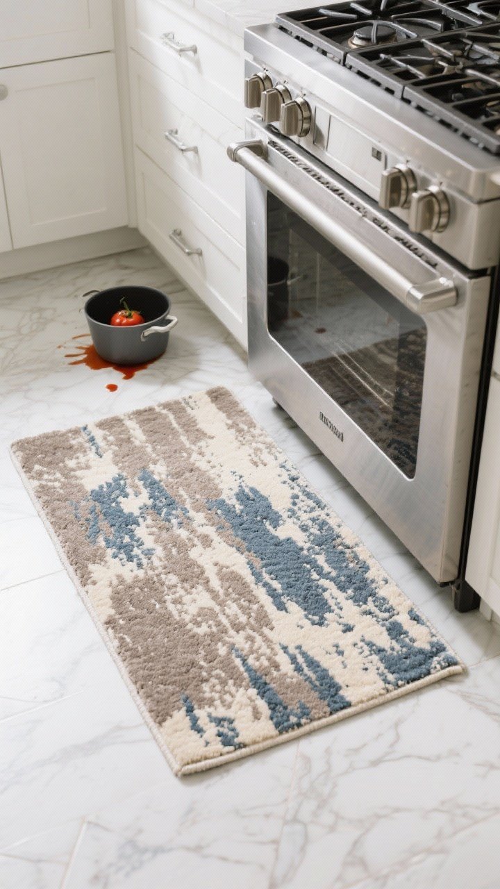 Overhead detail shot: A machine-washable kitchen rug with non-slip backing in a 3x5 size placed in front of a range; mid-tone mottled pattern in taupe, slate blue, and oatmeal that disguises stains; clean edges without fringe; a thin rug pad peeking subtly beneath one corner; a nearby pot with a small tomato-sauce drip on the floor to imply easy cleanup; bright, even daylight, photorealistic.