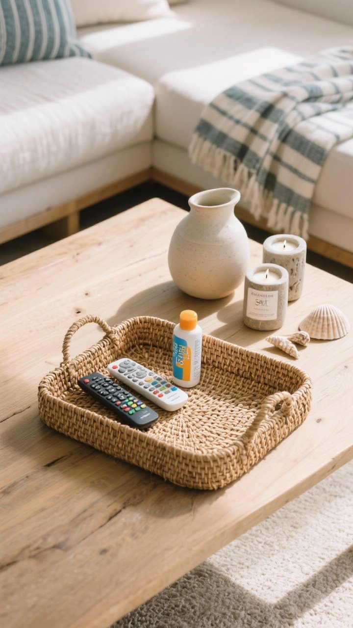 Overhead detail shot: A woven cane or seagrass tray on a natural wood coffee table, neatly corralling remotes and a small sunscreen bottle; minimal, curated coastal accents—ceramic pitcher, striped throw folded nearby, a couple of thoughtfully chosen shells; ceramic or stone candleholders with a candle labeled sea salt or driftwood for scent; surfaces mostly clear, styled but uncluttered, in soft natural daylight.
