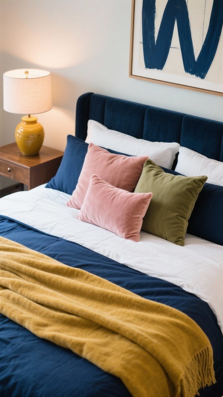 Overhead detail shot: Navy-and-white base bedding with layered accent textiles—pillows and a throw in blush, sage, and mustard; one hero piece peeking in, like a blush velvet cushion or mustard ceramic lamp on the nightstand; artwork on the wall tying navy to the chosen accent color; repeated accents 2–3 times for cohesion; soft, warm ambient light to keep colors rich and inviting.