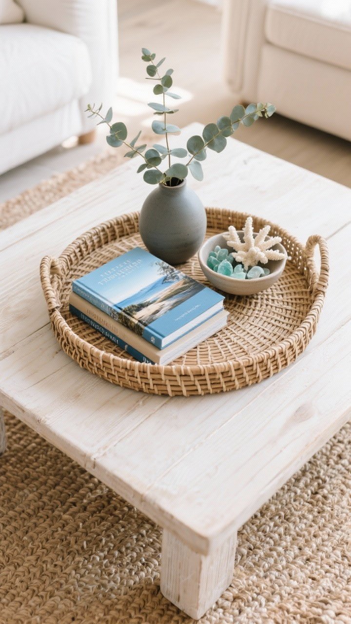 Overhead detail shot of a coffee table styled with coastal chic layers: woven rattan tray anchoring the arrangement, two stacked photography/travel books in blues and neutrals, a small matte ceramic vase with eucalyptus stems, and a tasteful small coral replica or bowl of sea glass; table surface in bleached wood; set over a jute rug for texture; light, breezy ambiance with gentle daylight; photorealistic, uncluttered composition.