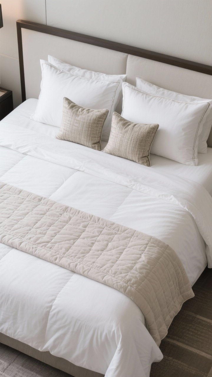Overhead detail shot of a hotel-worthy bedscape: double-layered top cover using two lightweight duvets (or duvet plus quilt) for lofty fullness, hospital corners on the crisp white flat sheet, duvet folded one-third down, and a narrow bed scarf aligned across the foot. Pillow hierarchy visible from above: two Euro shams in back (for a queen), sleeping pillows in front, then two small decorative pillows—stopping short of overcrowding. Clean, tailored look, photorealistic.