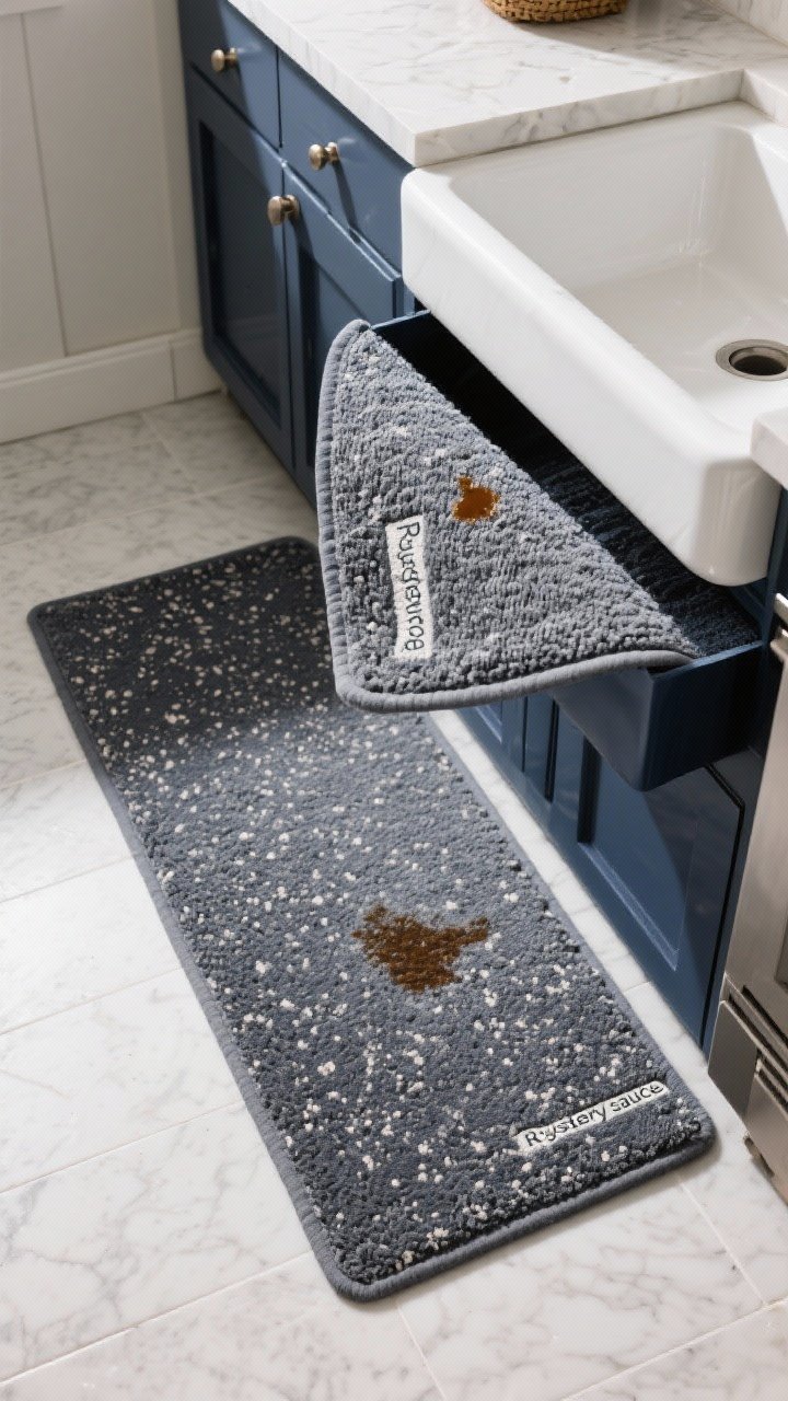 Overhead detail shot of a machine-washable kitchen mat set: a recycled polyester runner in medium charcoal with a subtle speckled print that disguises spills, next to a cotton-blend mat at the sink in a darker navy tone. Include a Ruggable-style detachable top layer corner gently lifted to reveal the base pad. Show a faint “mystery sauce” spot partially cleaned to suggest washability. Lighting: even, soft daylight to highlight fabric texture and colorfast finish.