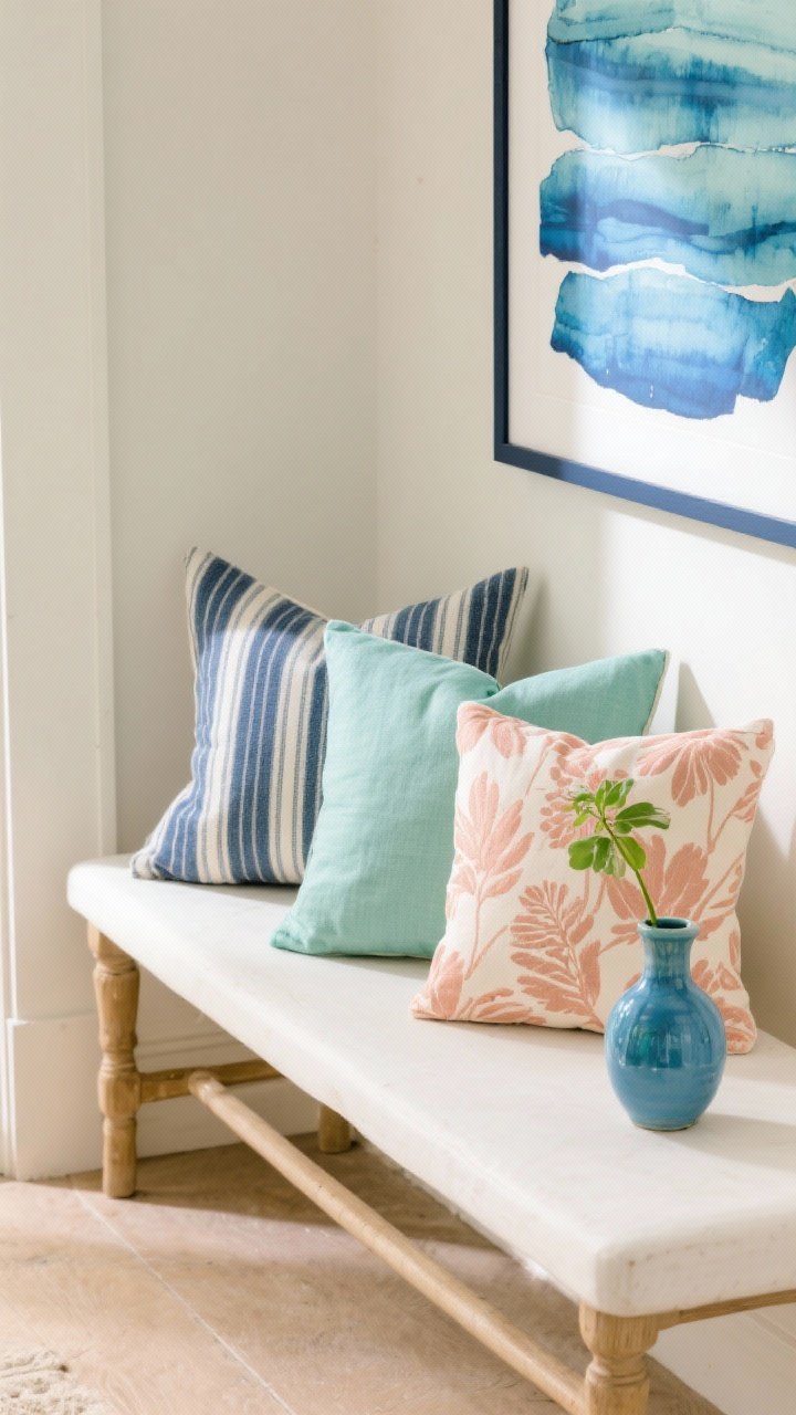 Overhead detail shot of coastal color pops on an entry bench: a trio of pillows—soft navy ticking stripe, sea glass green, and muted coral botanical—arranged on a warm white bench; beside them a small ceramic vase in sky blue and a glass bud vase in watery green; a downloadable-look art print with abstract blues and a tiny hint of navy frame corner peeking in; neutral backdrop with natural daylight, photorealistic.