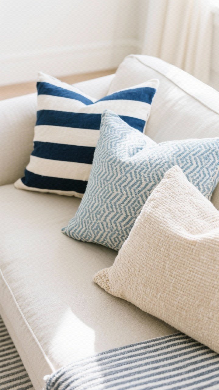 Overhead detail shot of coastal pattern mixing on a sofa: arrangement of pillows including one bold navy-and-white cabana stripe, one small-scale geometric pattern in muted blue, and one solid textured pillow in sandy beige; background shows a hint of a neutral sofa and possibly the edge of a minimal striped runner nearby; limit to 2–3 patterns, effortless not matchy; bright natural lighting emphasizing fabric weave, photorealistic.