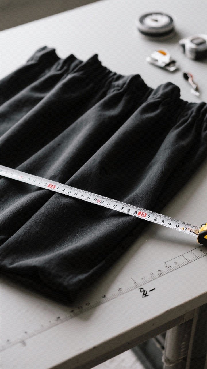 Overhead detail shot of practical essentials for black curtains laid out on a work surface: measuring tape showing width 2–