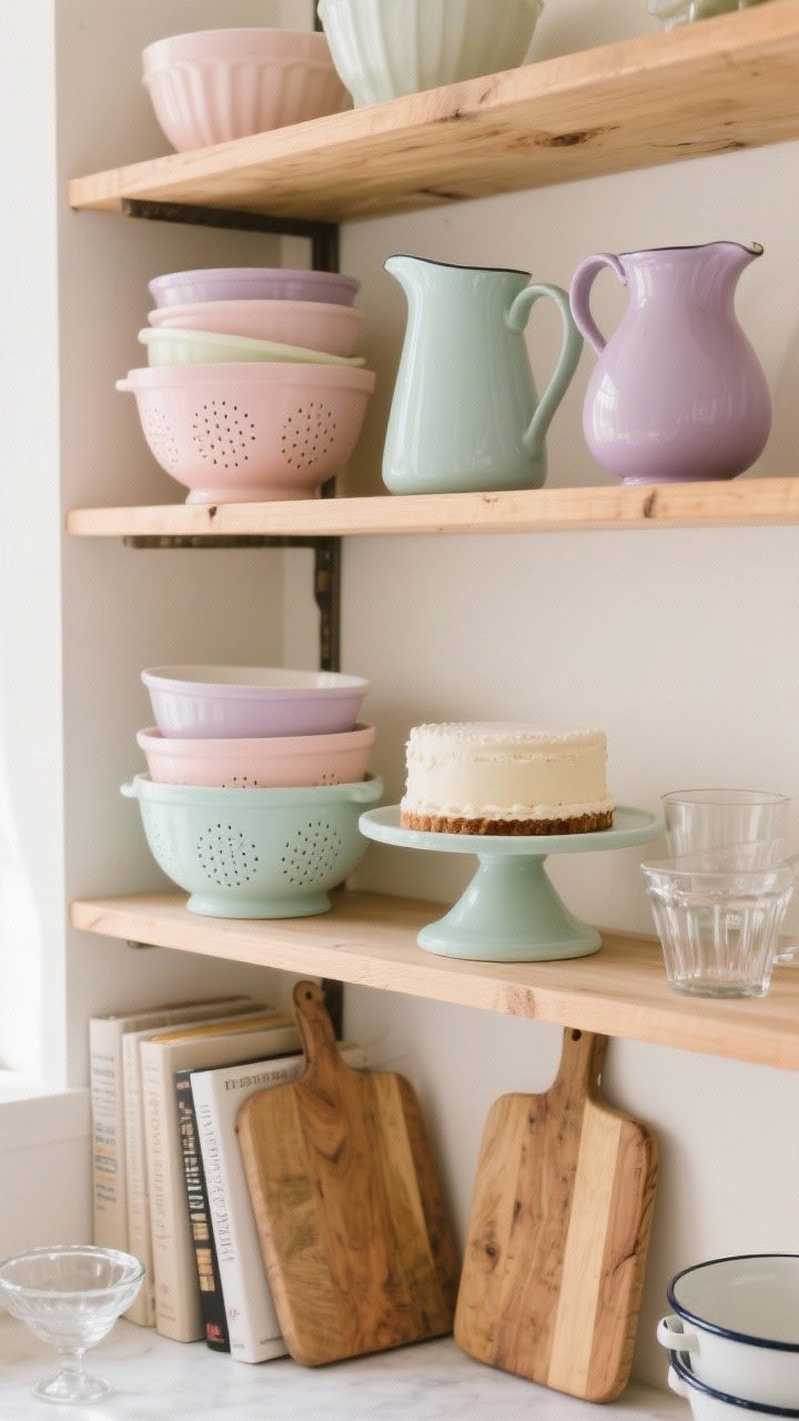 Overhead/detail shot: Open wooden shelves styled with pastel essentials—stacked mixing bowls, a colander, pitchers, and a cake stand in blush, mint, and lilac (limited to 2–3 repeating hues). Interspersed neutral cookbooks and warm wood cutting boards ground the palette. Vintage glassware and enamelware add gentle shine. Soft, diffused daylight from the left, photorealistic, no people.