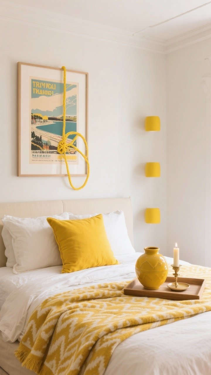 Overhead styled vignette of art, accessories, and the rule of three: a cream bedscape with a patterned yellow throw folded as a bed scarf, a bold yellow-accented lumbar pillow, and a tray holding a sunny ceramic vase and candle; on the wall edge in frame, a vintage travel poster with a yellow thread; three yellow accents at different heights intentionally placed; neutral ceiling remains white; balanced, curated composition under soft natural light; photorealistic, no people.