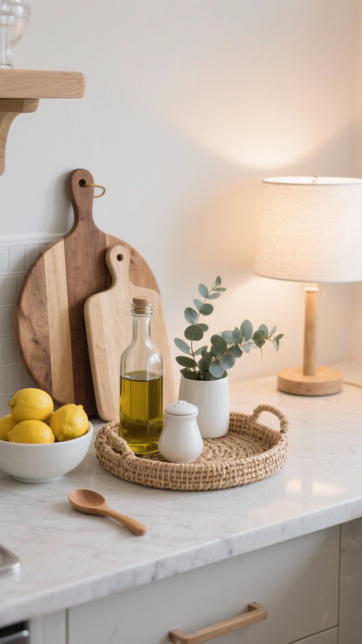 Photorealistic closeup countertop vignette for coastal minimalism: stacked cutting boards (one round, one rectangular) leaning for dimension, a seagrass tray holding a glass olive oil bottle, a white ceramic salt cellar, and a wood spoon; a fresh element like a bowl of lemons and a small eucalyptus bundle; a petite lamp with a simple white shade glowing warmly for evening ambiance; wood, white, and glass dominate; shallow depth of field and warm 2700–3000K lighting