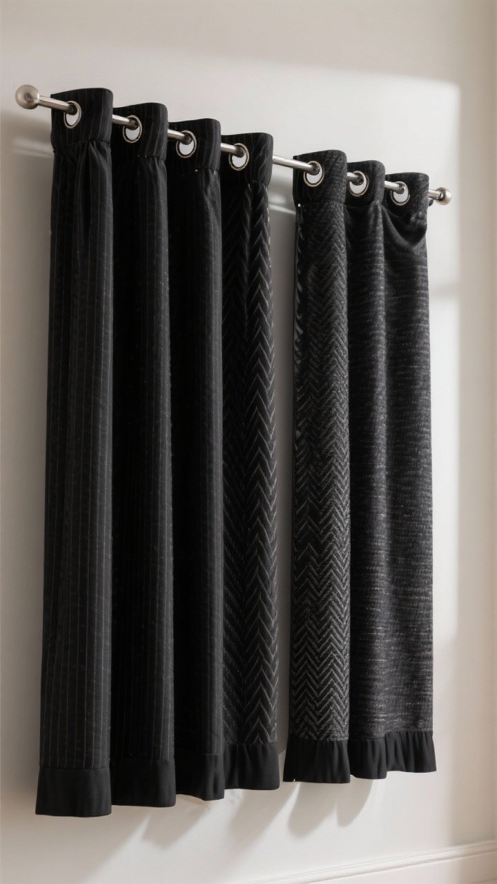 Photorealistic closeup detail of curtain headers and subtle patterns: four adjacent black panels hanging from a display rod—pinch pleat (tailored folds), grommet (clean metal rings), rod pocket with clip rings (relaxed refined), ripple fold on a track (smooth wave); fabrics show tone-on-tone jacquard, fine pinstripes, herringbone, and nubby textured weave; weighted hems visible at the bottom for crisp hang; neutral wall, soft directional light highlighting structure and texture.