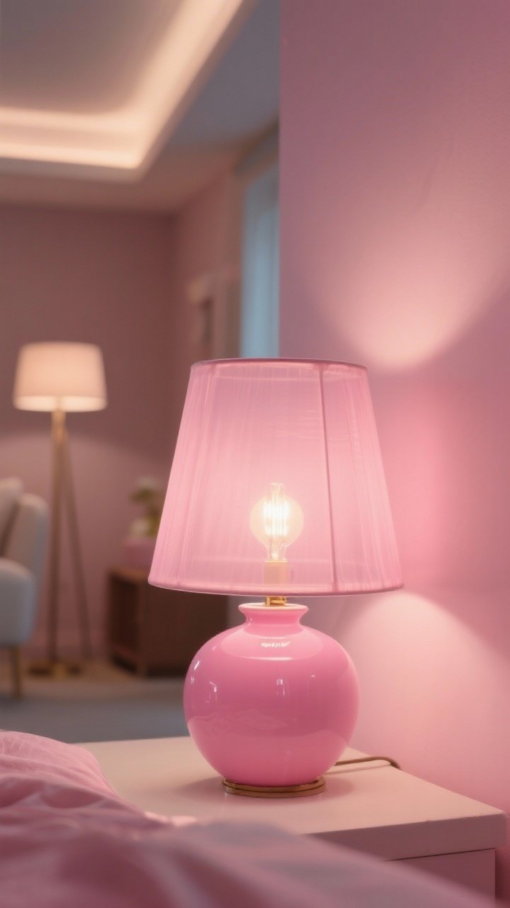 Photorealistic detail closeup of soft lighting making pink glow. Focus on a bedside lamp with a fabric or frosted glass shade and a dimmable warm bulb (2700K–3000K), casting diffused light over a glossy pink ceramic vase and blush wall. Include a hint of a pink-tinted lampshade imparting a rosy hue. Background blur shows layered lighting: soft-glow ceiling fixture and a floor lamp, all contributing to warm, flattering illumination.