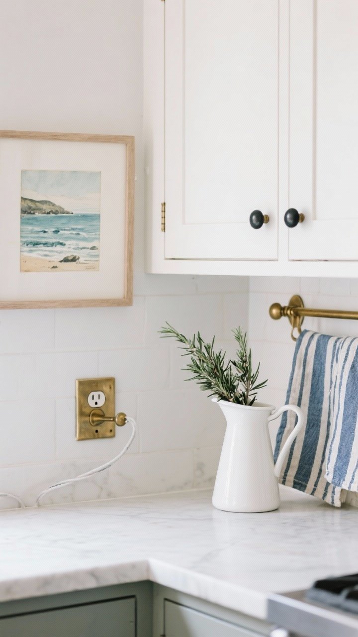 Photorealistic detail shot of small-impact updates on a kitchen wall and counter: cabinet doors with mixed metals—brushed brass bar pulls paired with matte black mushroom knobs—nearby blue-and-white striped tea towels and linen napkins; a simple white ceramic pitcher doubling as art and vase holding rosemary or olive branches; a vintage coastal print or watercolor seascape framed above, clean white or soft brass outlet cover and hidden cords; soft natural daylight, straight-on crop highlighting the refined details