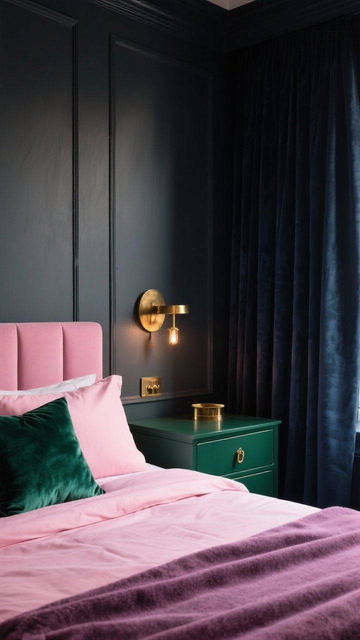 Photorealistic medium shot mixing pink with moody contrasts. Bed styled with blush pink bedding set against a charcoal painted wall; emerald velvet pillows or a deep green painted dresser nearby; mauve throw paired with navy curtains to anchor the scene. Antique brass or brushed gold accents via a bedside sconce and drawer pulls. Evening ambiance with warm highlights glinting off metallics, creating boutique-hotel drama without heaviness.