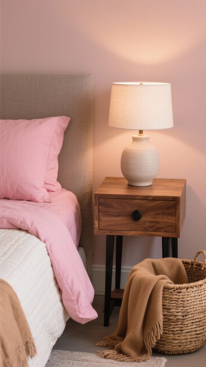 Photorealistic medium shot of a bedside vignette pairing pink with earthy neutrals. Walnut or oak side table with matte black hardware details, cream quilt folded at the edge of the bed over pink linen sheets, and a tan/camel throw draped casually. Woven basket storage beside the table, ceramic lamp with ivory shade. Warm, soft ambient lighting that flatters the pink and wood tones; calm, adult palette of blush, taupe, camel, ivory, and black accents.