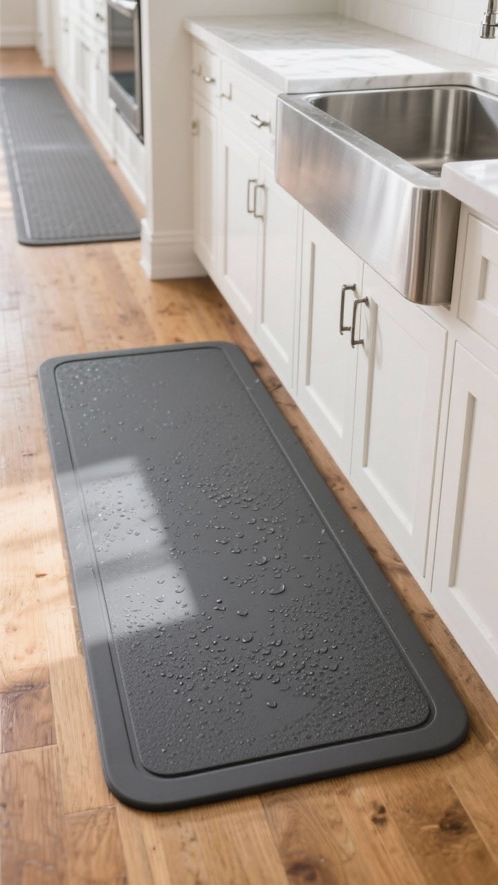 Photorealistic medium shot of a modern kitchen sink zone featuring a cushioned anti-fatigue mat with a 3/4-inch foam core and beveled edges in a matte charcoal finish; wipeable, stain-resistant surface subtly catching soft natural morning light. Place the mat centered in front of a stainless steel farmhouse sink and white shaker cabinets with warm wood floors. Include a long galley option visible in the background as a runner version. Angle: straight-on, slightly low to emphasize thickness and edge bevel; show subtle water droplets wiped clean.
