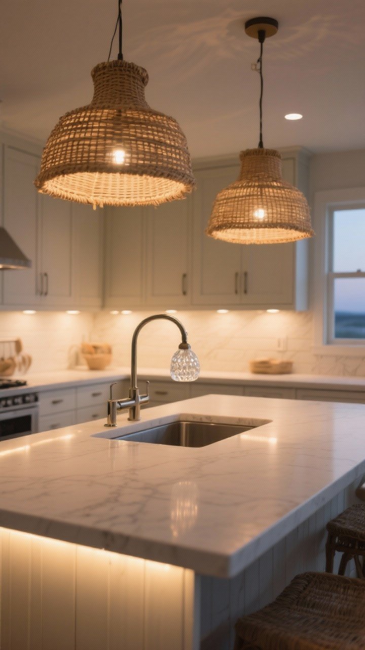Photorealistic medium-wide island and sink area showcasing affordable coastal lighting: one or two rattan pendants over the island adding texture, a small clear seeded-glass pendant over the sink to bounce light, and subtle under-cabinet LED strips brightening the counters; warm bulbs (2700K–3000K) with dimmed evening ambiance; light cabinetry and airy sightlines; angled view capturing fixtures at eye level and their glow on surrounding surfaces