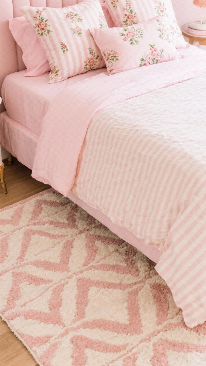 Photorealistic overhead detail shot of pattern play in a pink bedroom. Composition includes: ticking-stripe sheets in soft pink and cream, vintage-inspired floral pillowcases in blush tones, and a geometric patterned rug below with soft pinks and neutrals. Varying scale is evident (small florals, medium stripes, large rug pattern), tight cohesive color story, natural diffused light accentuating fabric weaves and print clarity.