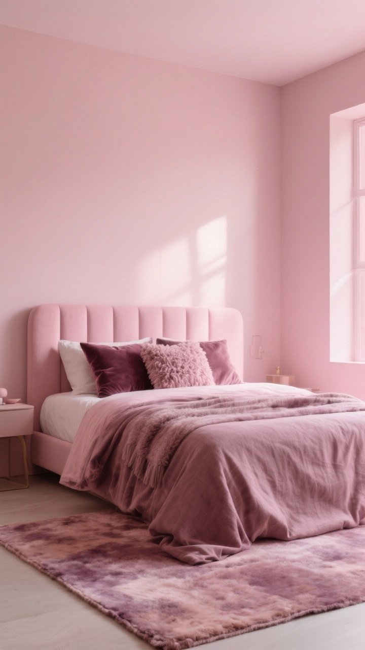 Photorealistic wide bedroom shot: a monochrome pink sanctuary layered with textures. Soft, muted blush-pink matte walls; tone-on-tone upholstered headboard in blush; bed dressed in slightly darker dusty-rose linen duvet with velvet and boucle throw pillows; a plush rug in muted mauve/clay pink underfoot. Natural morning light from a side window, subtle shadows emphasizing fabric texture. Minimal decor to keep cohesion, focus on layered pink tones and tactile materials.
