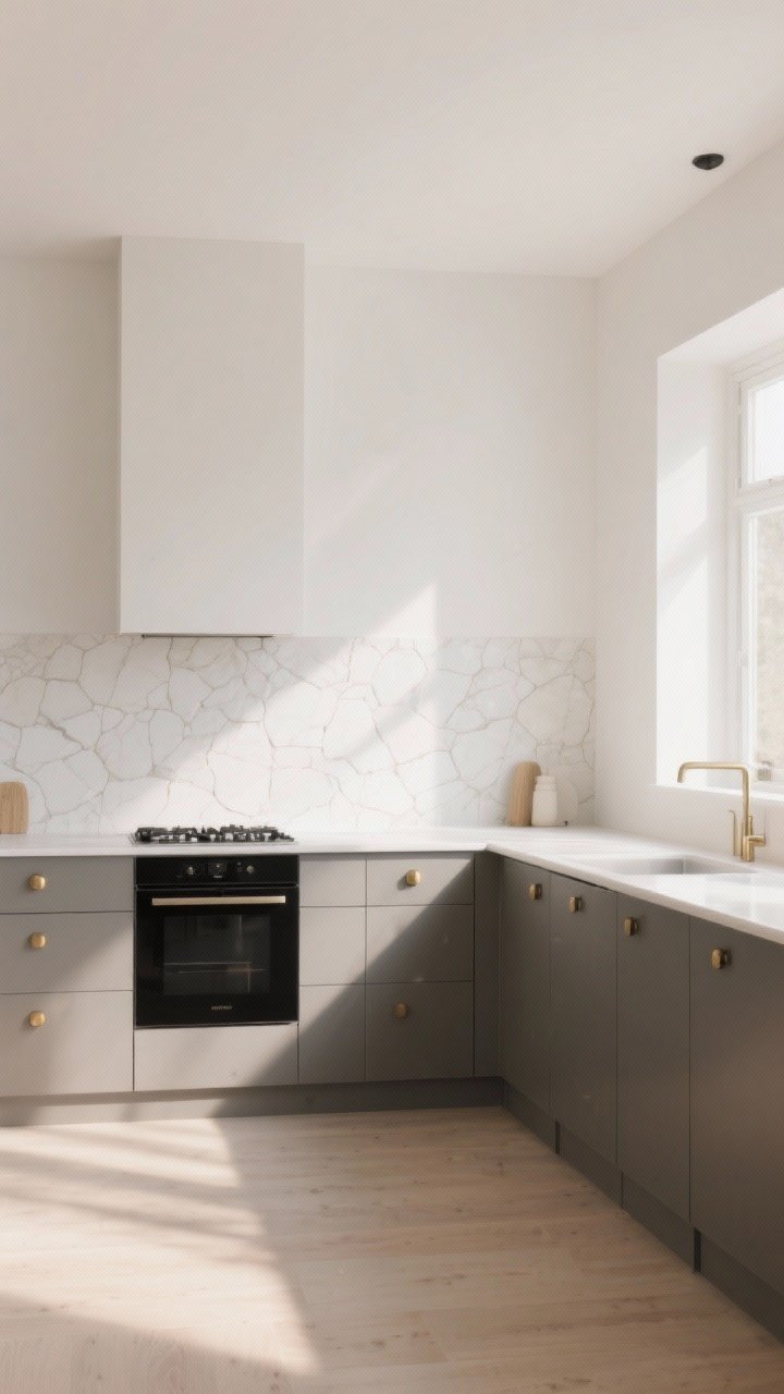 Photorealistic wide kitchen shot, Scandinavian style: walls painted warm soft white/linen, pale grey and soft beige accents, subtle sandy taupe and charcoal touches; matte black or brushed brass cabinet hardware; light, neutral palette that reflects sunlight; peel-and-stick backsplash in white light stone pattern; airy, uncluttered counters; bright natural daylight streaming in, straight-on view, calm and spacious mood