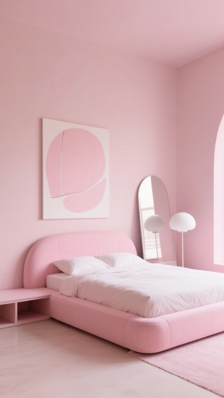 Photorealistic wide, minimalist bedroom with sculptural details in pink. Single repeated pink tone throughout: pale blush walls, sleek low platform bed with a curved headboard in the same pink, large simple abstract art with hints of blush, arched mirror leaning against the wall, and a white globe lamp providing soft glow. Hidden storage bench flush with the bed for clutter-free look. Clean lines, negative space, serene daylight.