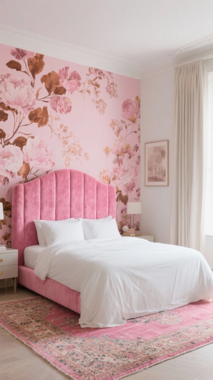 Photorealistic wide shot with one bold pink hero piece. Neutral white bedding, light neutral curtains, and subdued art allow the star element to pop: a blush velvet upholstered headboard as the statement. Alternatively, an accent wall in pink floral/abstract wallpaper with blush and rust tones or a vintage-style Persian rug with pink undertones anchoring the room. Soft, even daylight; restrained palette elsewhere to highlight the single pink moment.