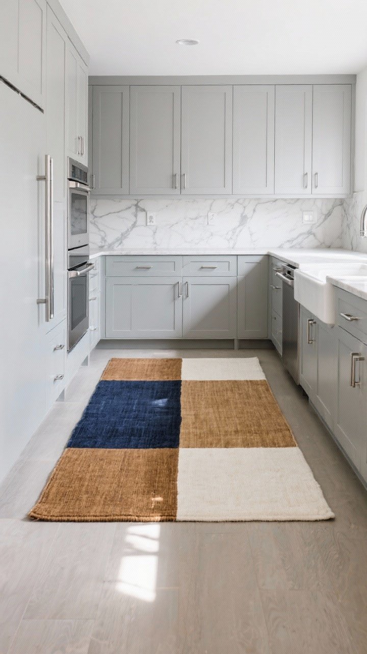 Straight-on medium shot: A neutral kitchen with light gray cabinets, chrome hardware, and a marble-look countertop, anchored by a color-blocked flatweave rug featuring crisp blocks of navy, camel, and ivory; large-scale blocks arranged to visually widen the galley; undertones coordinated with cool chrome and marble; edges sharp and low-pile for easy care; bright, indirect daylight, photorealistic, modern-art floor statement.