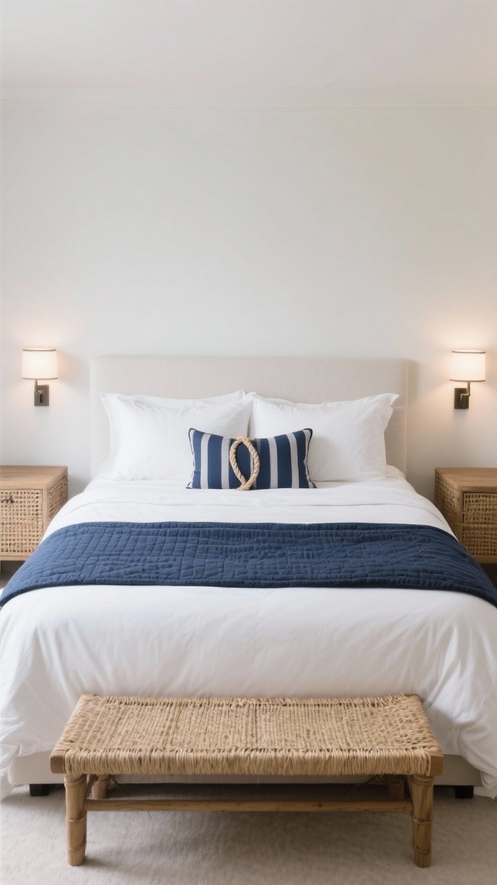 Straight-on medium shot: A serene bedroom bedscape—white percale duvet and sheets as the base, a neatly folded navy quilt at the foot, two Euro shams in a navy stripe, and a single lumbar pillow with a subtle rope motif; flanking woven nightstands, a seagrass bench at the foot of the bed, and soft up-down sconces casting gentle light; calm, hotel-like mood, photorealistic.