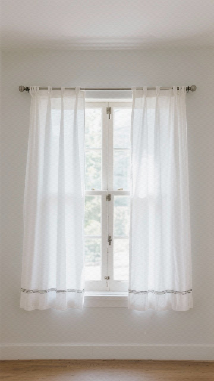 Straight-on medium shot of a window dressed with split cafe curtains on double rods to mimic a Dutch door vibe: one set covering the bottom half and one set for the top, each operable separately; crisp white fabric with a contrasting trim or tone-on-tone stripe; slim, unobtrusive hardware (tension rods) for a renter-friendly install; top portion open, bottom closed for flexible privacy; bright daylight streaming through; photorealistic, no people.