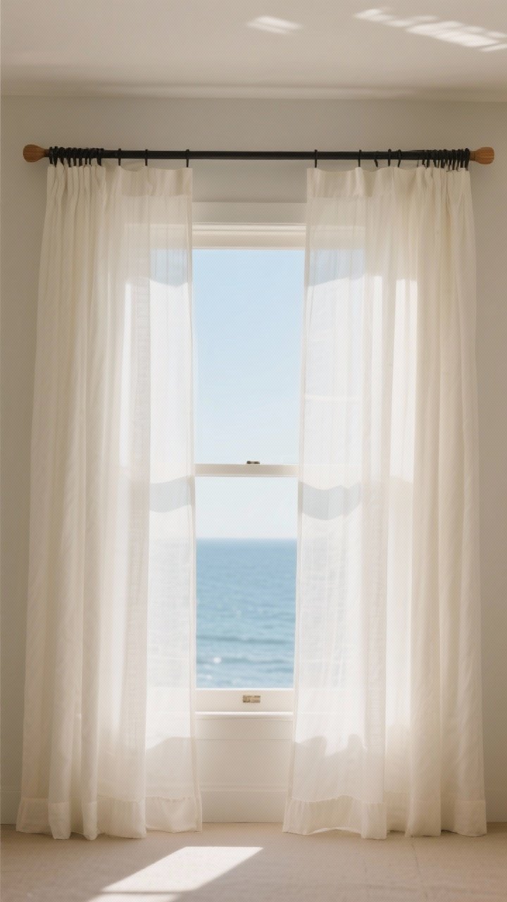 Straight-on medium shot of a window wall showcasing light, airy curtains: sheer white or ivory panels hung high and wide to visually enlarge the window; slim black curtain rod (or wooden dowel) mounted close to the ceiling; soft, sunlit glow filling the room; subtle hem length perfected as if with no-sew hem tape; neutral walls and minimal decor to keep focus on the curtains; photorealistic, bright coastal daylight.