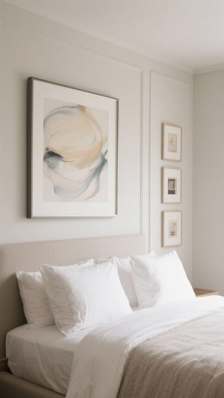 Straight-on medium shot: The wall above the headboard featuring one large soft abstract artwork in slim modern frame hung 8 inches above, sized to two-thirds the headboard width; opposite wall glimpsed with a serene gallery of 4 pieces in cohesive tones and varied sizes; subtle picture frame molding painted the wall color for architectural interest; neutral palette, balanced negative space, photorealistic.