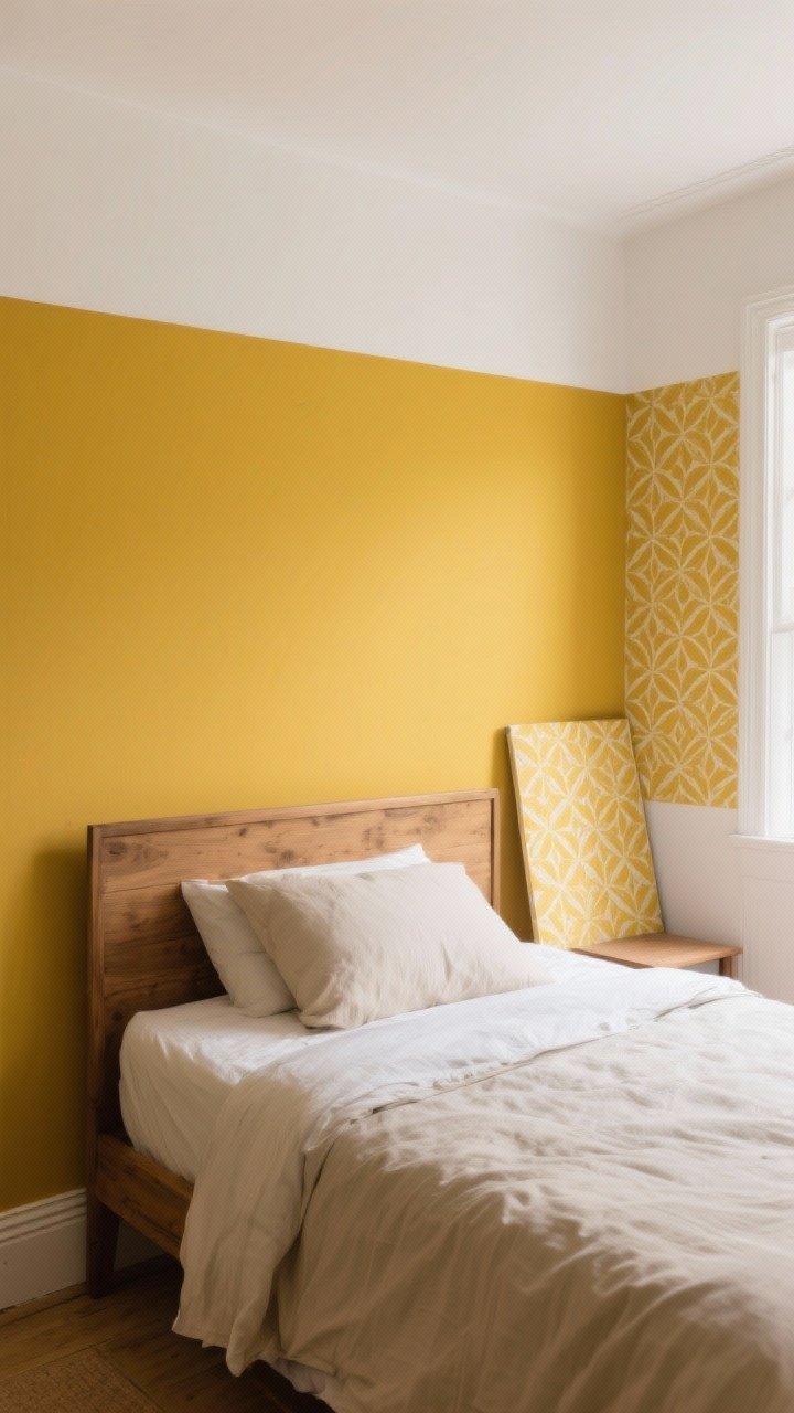 Straight-on medium-wide view of a bedroom with a bold yellow accent wall behind the bed: vintage ochre solid paint framing a natural wood headboard; optional half-wall color blocking with crisp white on the upper half for freshness; to one side, a panel of wallpaper sample in yellow modern geometrics propped as an alternative; bedding kept neutral to let the wall pop; small-space feel with muted dusty yellow tones; gentle afternoon light; photorealistic, no people.
