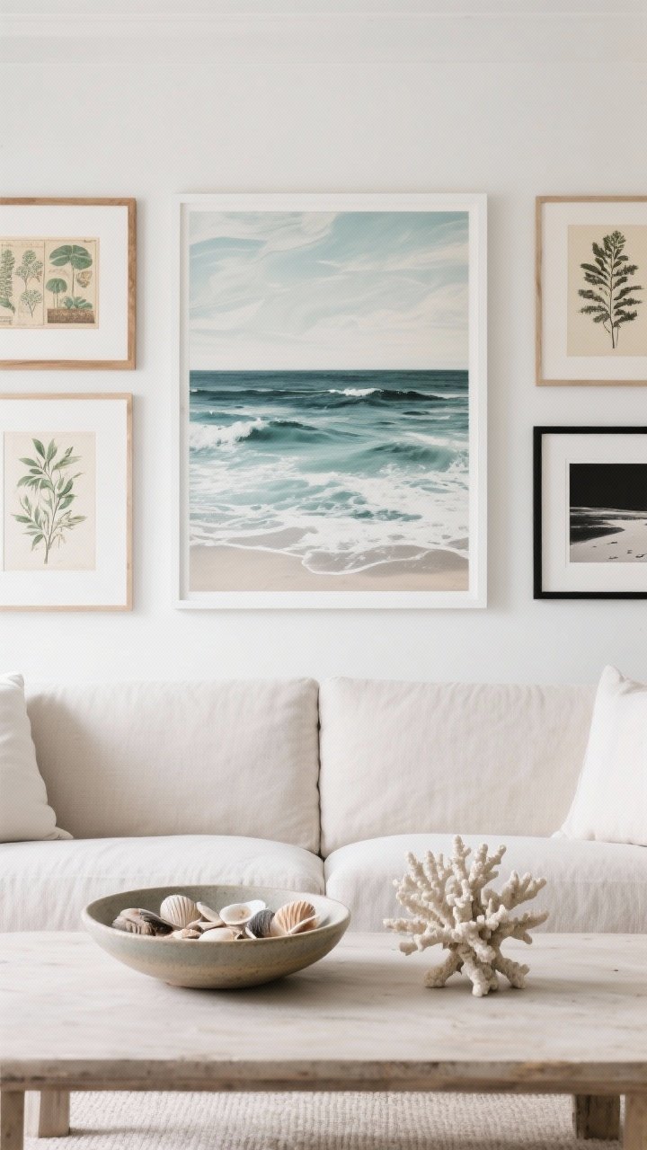 Straight-on view of a refined coastal gallery wall above a neutral sofa: one oversized abstract seascape as a statement piece centered, flanked by a few vintage travel prints, a botanical study, and a black-and-white beach photograph; frames are white, natural wood, and thin black; on the coffee table, a shallow ceramic bowl of collected shells and a small faux coral-style sculpture; soft, even natural light, minimal and elevated coastal nod, photorealistic.