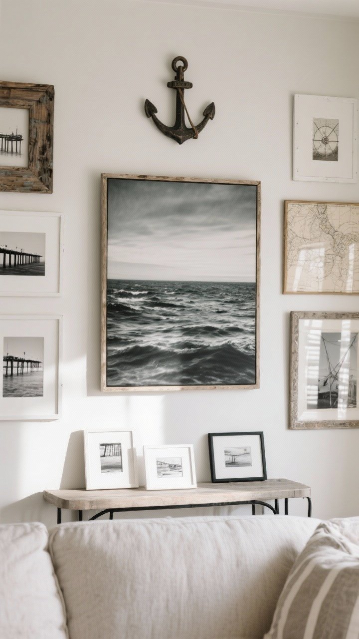 Straight-on wall view: A curated coastal gallery wall featuring an oversized moody seascape as the anchor above a sofa, mixed frames including weathered wood, white lacquer, and thin black metal; smaller frames leaned on a console for a layered look; black-and-white pier photography and a vintage nautical map incorporated; soft, indirect daylight with minimal reflections; sophisticated, beachy-not-cliché atmosphere.