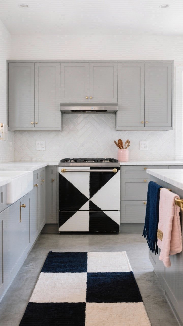 Straight-on, wide shot of a neutral-cabinet kitchen where the floor mat is the star: a bold color-blocked piece in high-contrast black and white geometry anchoring the stove zone, on cool gray cabinetry and concrete-look tile. Alternate version visible nearby: a tone-on-tone navy runner under a kitchen island for a calm, cohesive vibe. Pastel accents via a blush utensil crock and brass hardware. Clean, minimal surroundings; balanced, bright lighting.