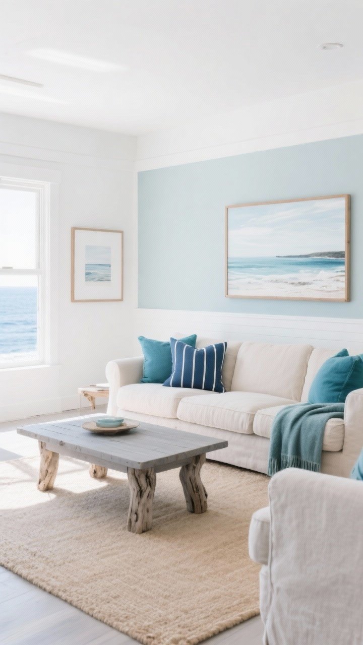 Wide, airy living room in a sea-inspired color palette: crisp white walls with a hint of misty gray-blue, neutral linen sofa in soft beige, driftwood-gray coffee table, layered blues throughout; navy striped pillow on the neutral sofa for contrast, sandy beige rug, pale seafoam accent on one wall, sky-blue and teal pillows and throws, simple coastal art in soft whites and natural wood frames; bright natural daylight streaming in, calm, breezy mood, photorealistic, no people.
