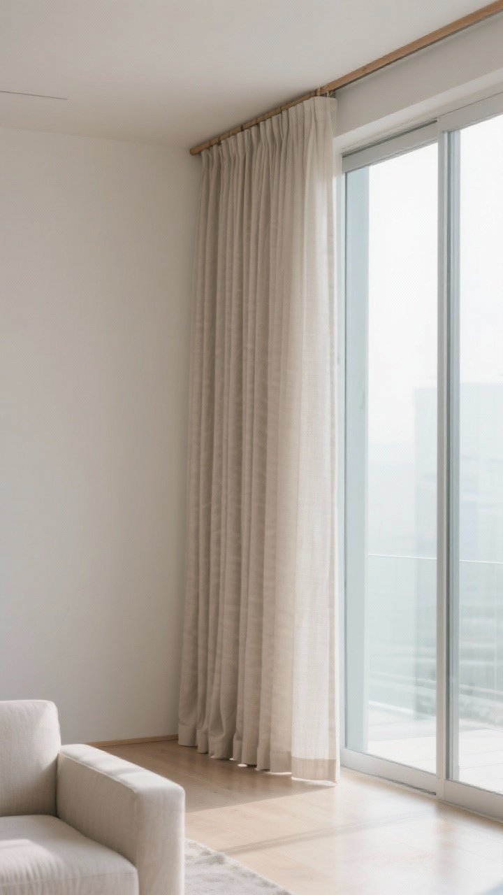 Wide architectural shot of a minimalist living room with floor-to-ceiling curtains mounted near the ceiling, rod extended 6–10 inches wider on each side so panels sit off the glass; light-filtering neutral linen panels gently kissing the floor with a subtle 1–2 inch puddle; tall windows appear larger, clean lines emphasize height; soft daylight, calm Japandi palette, visible insulation benefit implied by full wall coverage; captured from a corner angle to accentuate verticality.