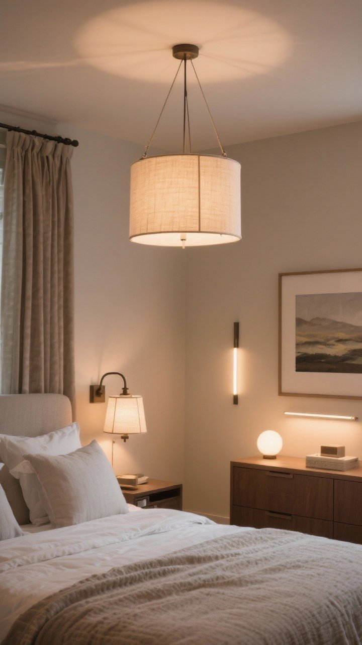 Wide corner angle of a bedroom showcasing layered lighting: a fabric drum pendant centered overhead for ambient glow, matching swing-arm sconces flanking the bed for task light, and a slim picture light illuminating artwork above a dresser for accent. All lights on dim, warm white bulbs (2700K–3000K) creating a flattering, cozy mood. Subtle textures on bedding and curtains, no harsh glare, photorealistic.