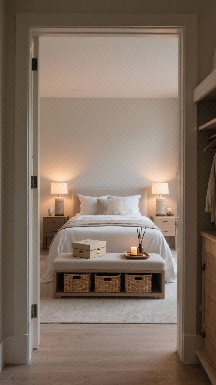 Wide doorway perspective capturing a calm, edited bedroom: balanced “symmetry-ish” nightstand setups with matching lamps flanking the bed, a storage bench with hidden compartment at the foot, neat baskets under the bed, and lidded boxes peeking from an open closet. Surfaces are edited—one item removed from each. A subtle scent scene is suggested by a discreet diffuser and a candle on a tray (unlit or softly glowing). Sightline from the door feels intentional and serene, warm evening dimmers, photorealistic.