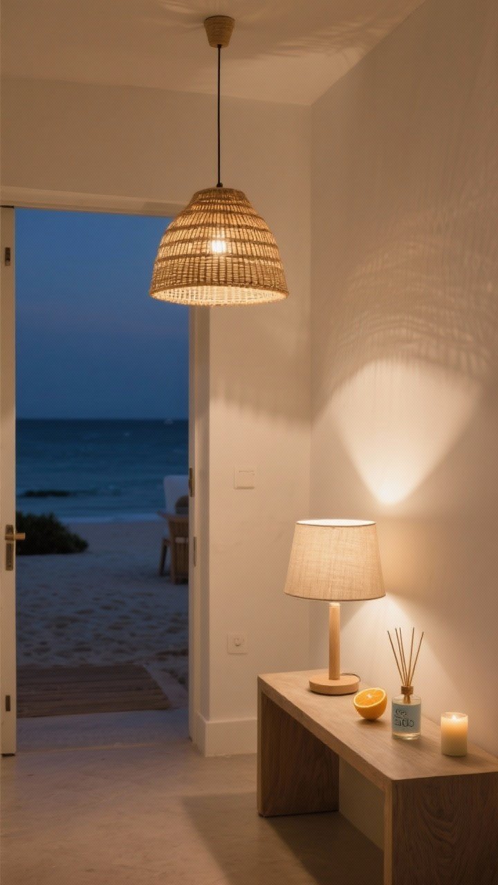 Wide, evening-lit entryway showcasing layered lighting and scent: overhead rattan pendant casting a warm 2700–3000K glow, a petite table lamp with a linen shade on the console as secondary light, and a discreet reed diffuser labeled sea salt next to a small citrus candle; calm neutral walls, gentle shadows, a woven lampshade upgrade visible; clean, boutique beach hotel ambience, photorealistic, no people.