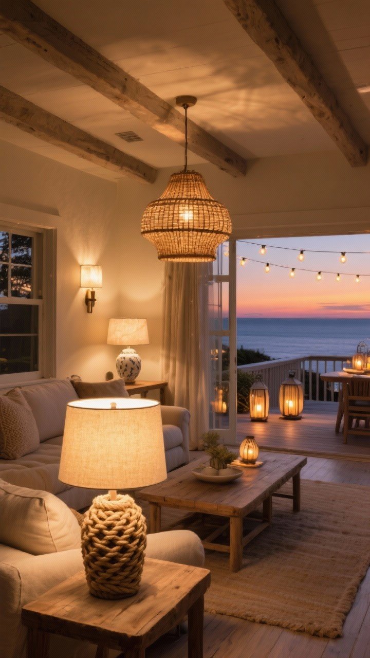 Wide evening shot: A coastal living-dining space with layered mood lighting—dimmable soft overheads, a rattan pendant, alabaster sconces, and ceramic table lamps; warm 2700–3000K LED bulbs casting a golden, sunset-like glow; rope-wrapped lamp on a side table; natural textures highlighted subtly; optional patio view with lanterns or outdoor string lights extending the warm after-dinner ambiance.