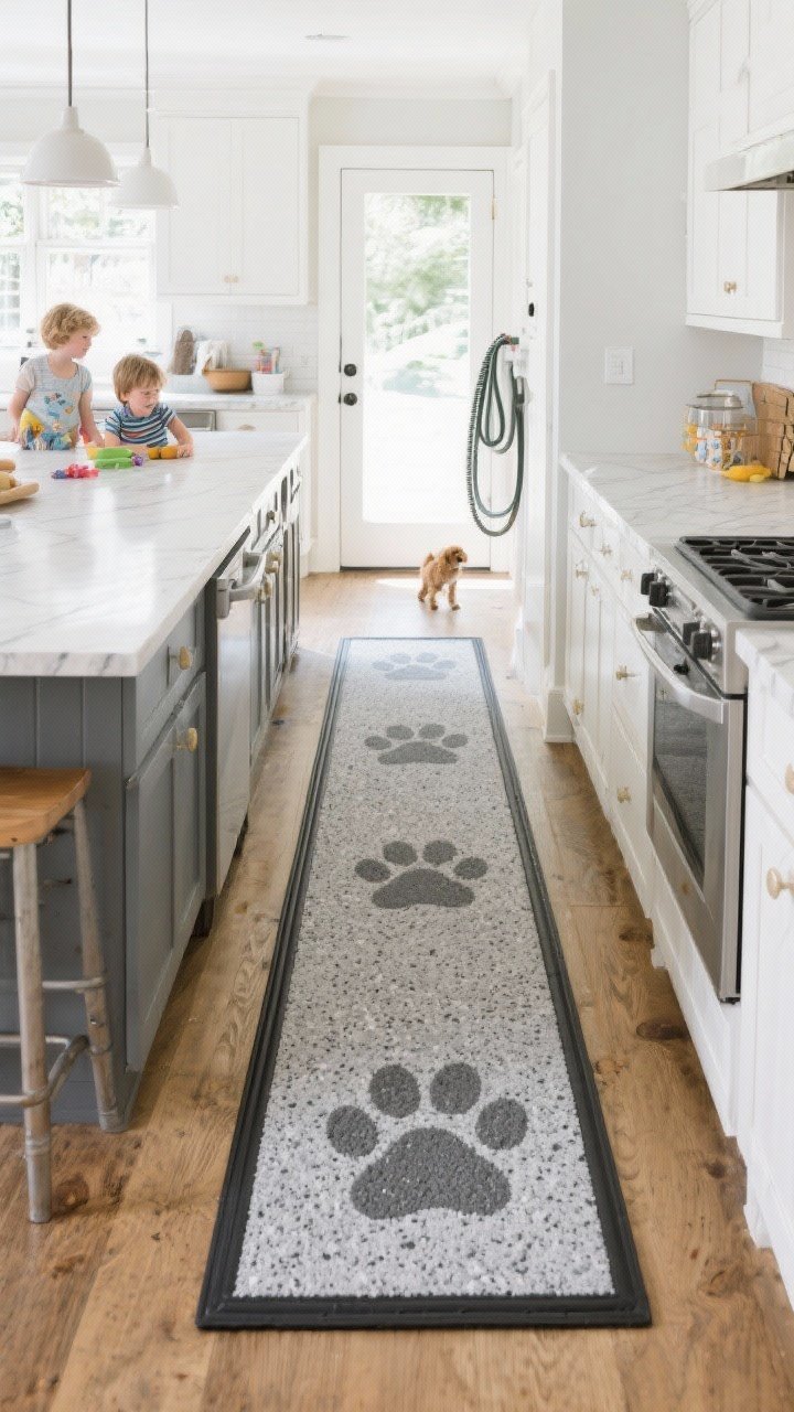 Wide kitchen scene optimized for kids and pets: a durable, eco-friendly rubber or recycled PET runner with tight weave and bound edges, in a speckled medium gray pattern to disguise paw prints, placed along the main traffic path by the island. Non-slip backing noted; outdoor-rated performance finish implied by a nearby hose at a mudroom door. Avoid fringe. Lighting: bright, clean daylight; angle from corner to show traffic flow and longevity details.