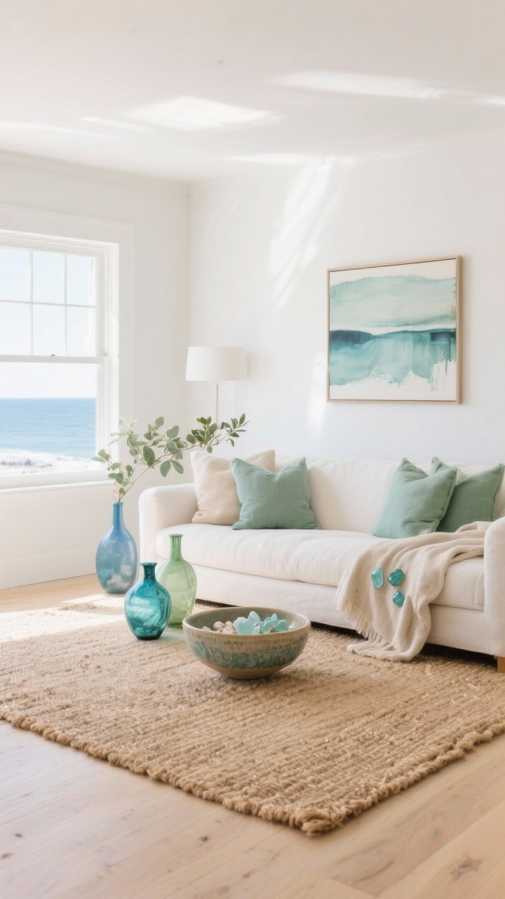 Wide room shot: A bright coastal living room with warm white satin-finish walls, pale oak floors, and a large jute/sisal rug; a neutral linen sofa in soft whites, sandy beige, and warm oat tones with sea-glass accents—soft teal and eucalyptus-green linen cushions and a light throw; minimal decor including small sea-glass blue and green vases, a glazed ceramic bowl, and a modern abstract art piece with muted blue-green tones; abundant natural daylight bouncing off the satin walls; no nautical clichés, clean and modern, airy and calm.