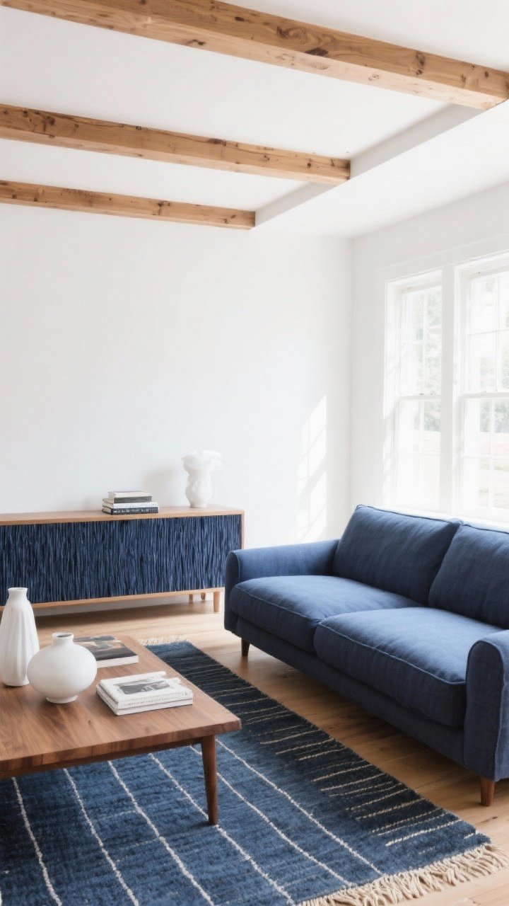 Wide room shot: A bright living room anchored by a navy linen sofa with tailored lines, balanced by crisp white walls and warm oak wood accents; a flatweave navy rug with subtle stripe underfoot and a navy grasscloth console along one wall for rich texture; minimal coastal styling with white ceramics and a few books; soft natural daylight from a large window, clean shadows, photorealistic, no people.